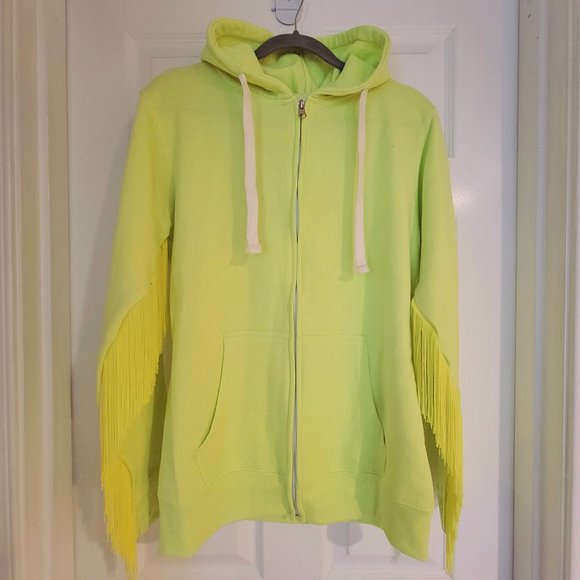 Neon Zip Up Hoodie with Fringe Sleeves - Picture 1 of 6